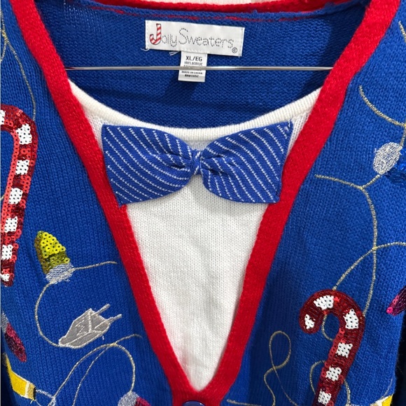 Festive Blue Christmas Cardigan w Red Trim Holiday Christmas Beer Holly Lights - Picture 2 of 3